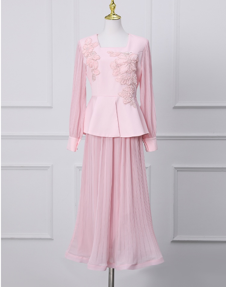 Fashion pleated tops square collar short skirt 2pcs set