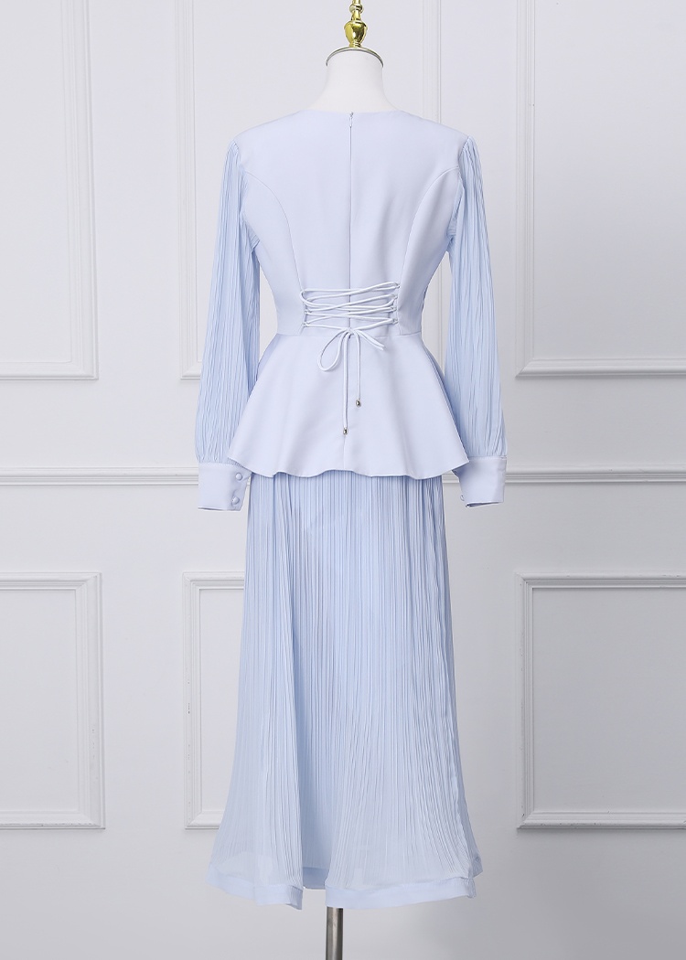 Fashion pleated tops square collar short skirt 2pcs set