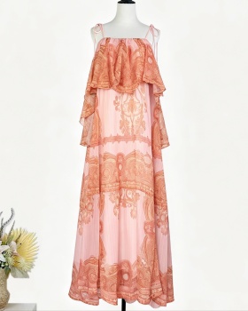 Lotus leaf edges Bohemian style sling vacation seaside dress
