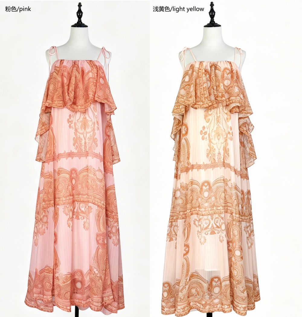 Lotus leaf edges Bohemian style sling vacation seaside dress
