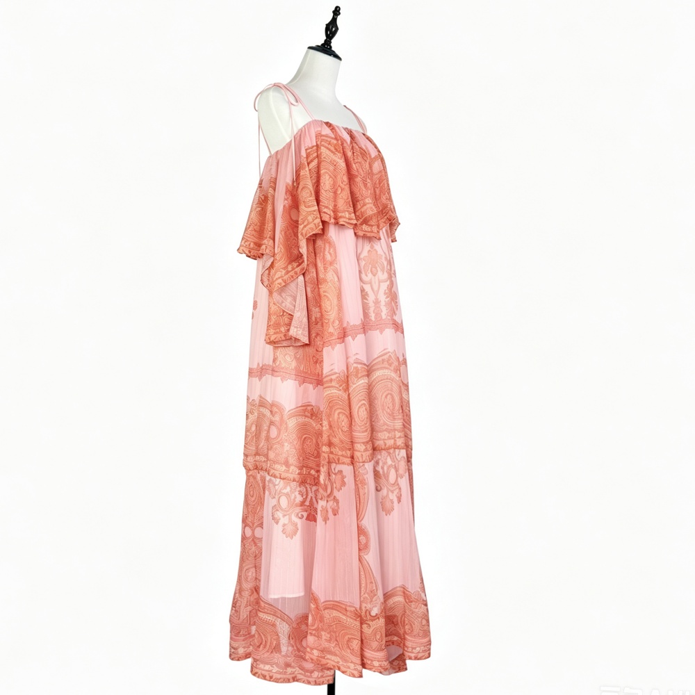 Lotus leaf edges Bohemian style sling vacation seaside dress