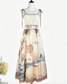 Printing big skirt pinched waist light luxury dress