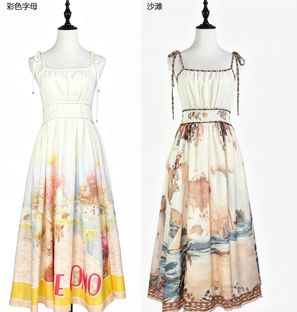 Printing big skirt pinched waist light luxury dress