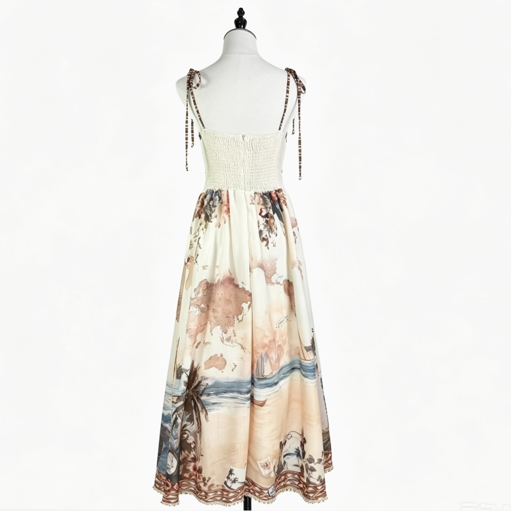 Printing big skirt pinched waist light luxury dress