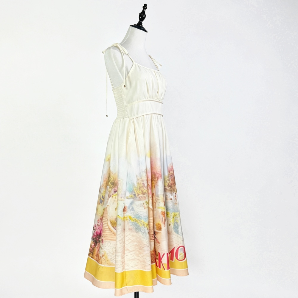 Printing big skirt pinched waist light luxury dress