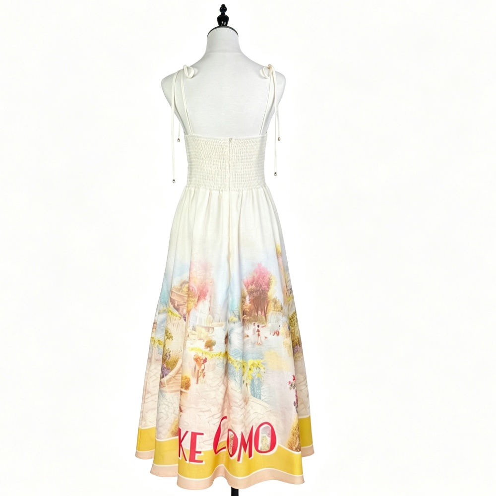 Printing big skirt pinched waist light luxury dress