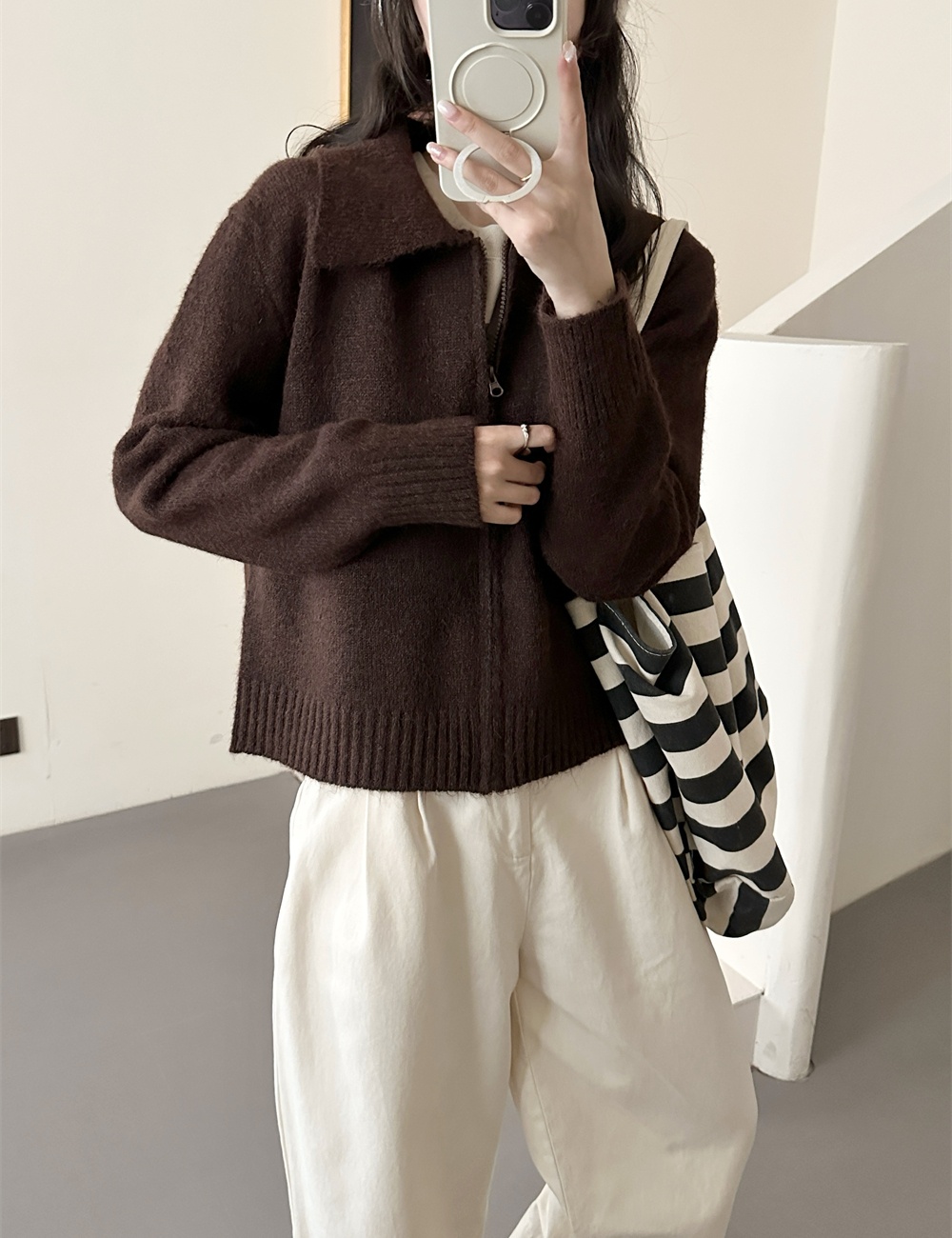 Loose knitted zip sweater lazy Korean style autumn coat
