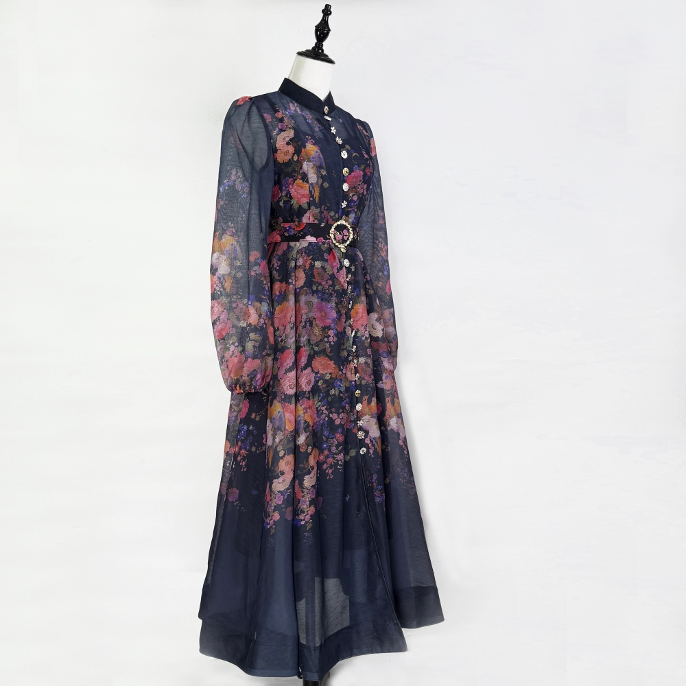 Ladies big skirt dress single-breasted slim belt