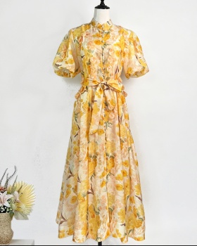 Summer pinched waist dress retro flowers long dress
