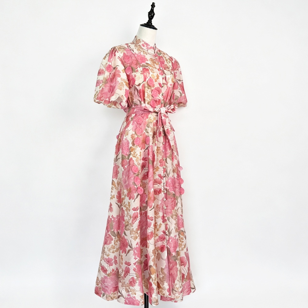 Summer pinched waist dress retro flowers long dress