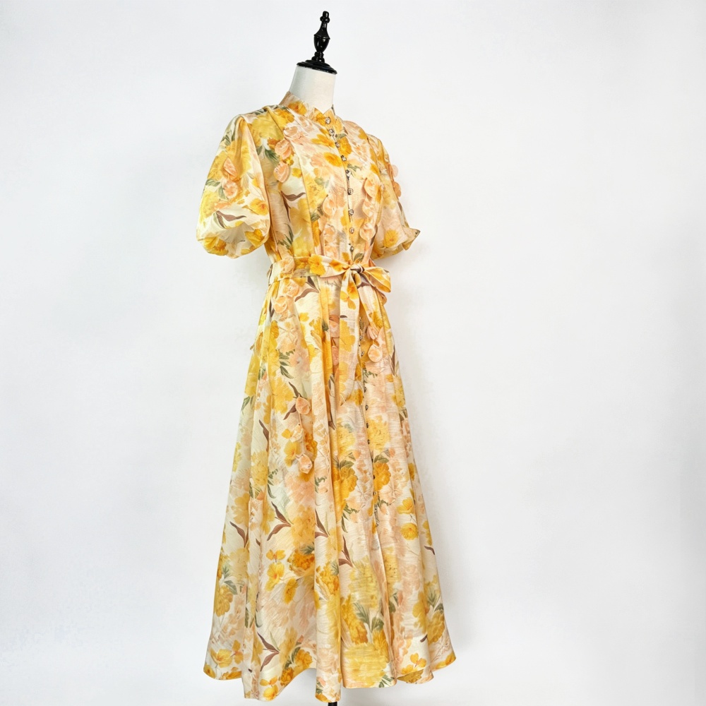Summer pinched waist dress retro flowers long dress