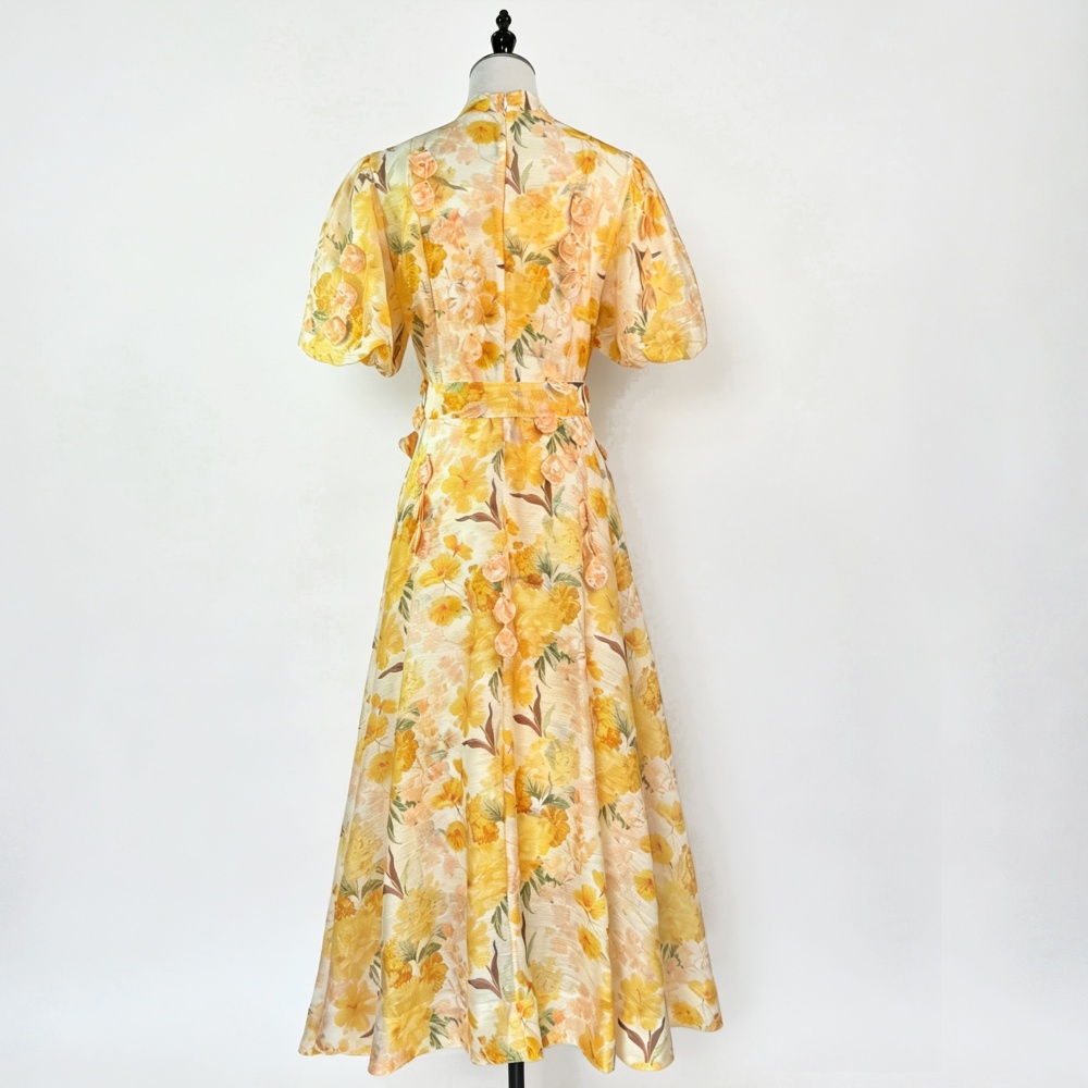 Summer pinched waist dress retro flowers long dress