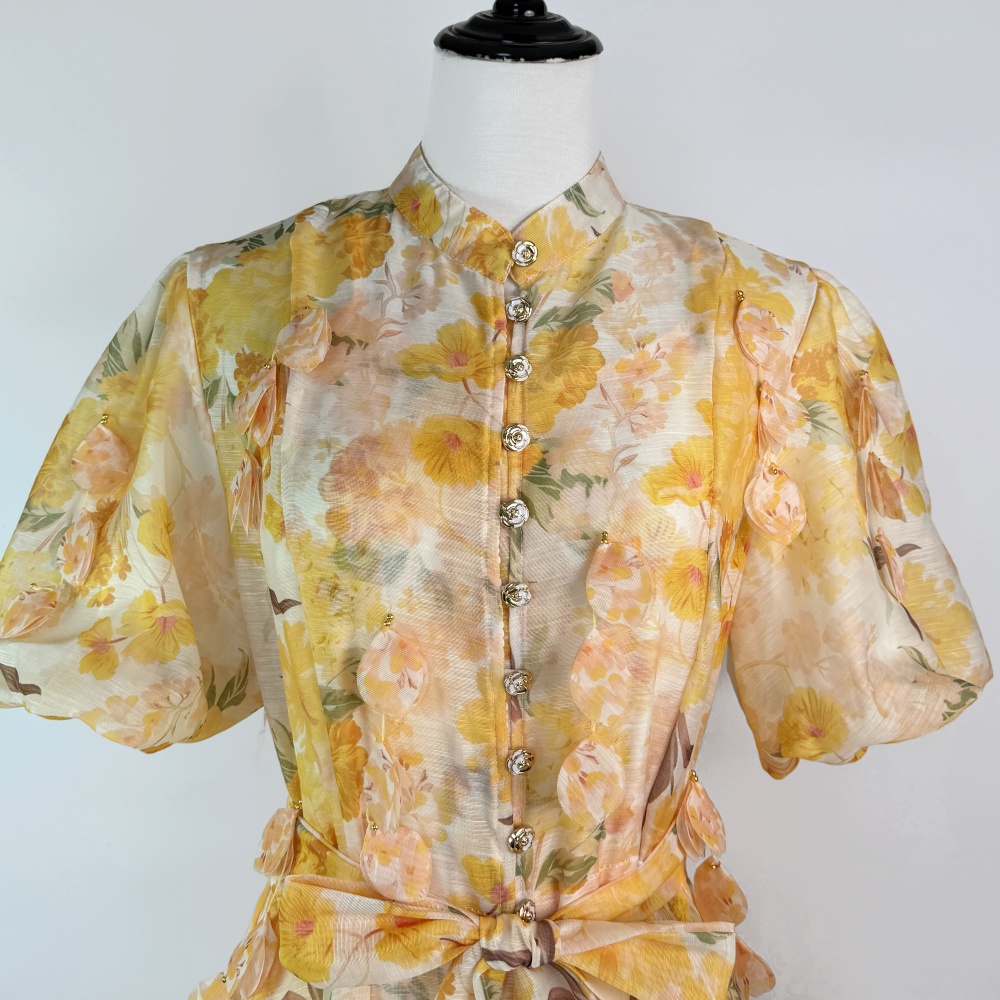 Summer pinched waist dress retro flowers long dress