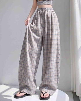 Loose wide leg pink plaid high waist long pants