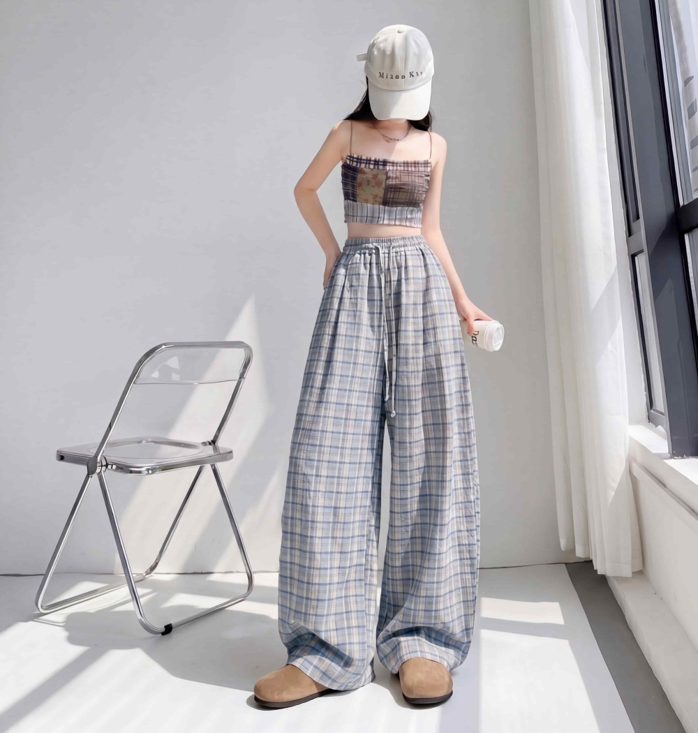 Loose wide leg pink plaid high waist long pants