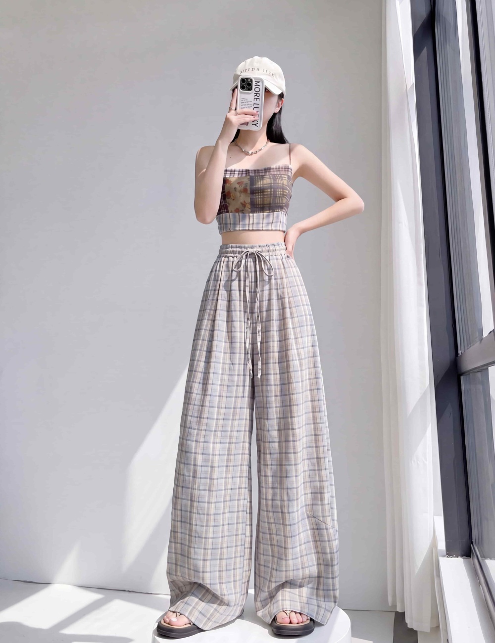 Loose wide leg pink plaid high waist long pants
