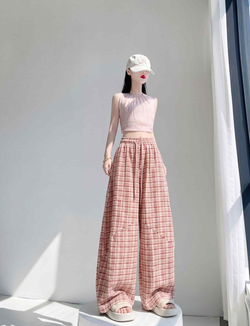 Loose wide leg pink plaid high waist long pants