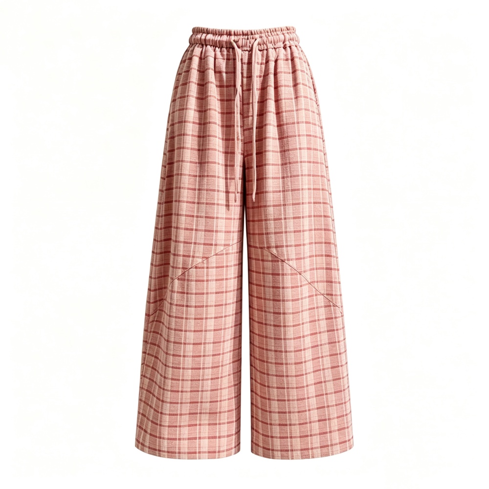 Loose wide leg pink plaid high waist long pants