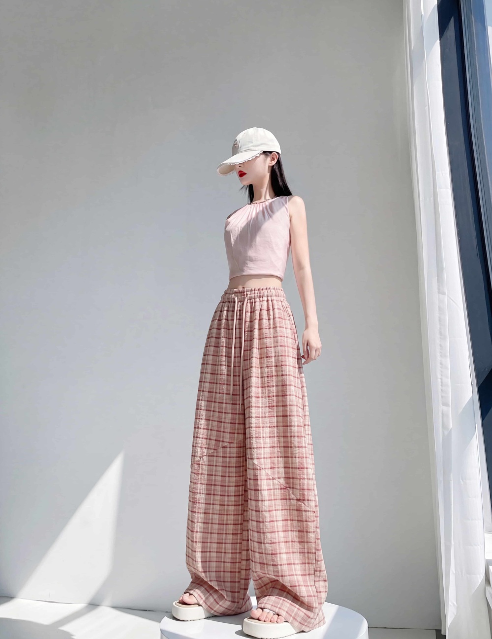 Loose wide leg pink plaid high waist long pants