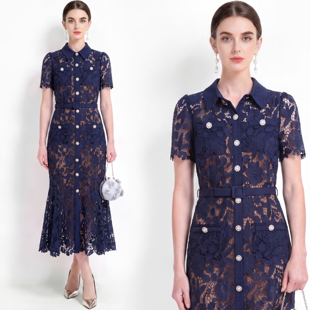 Lace pinched waist sling inside the ride short sleeve dress