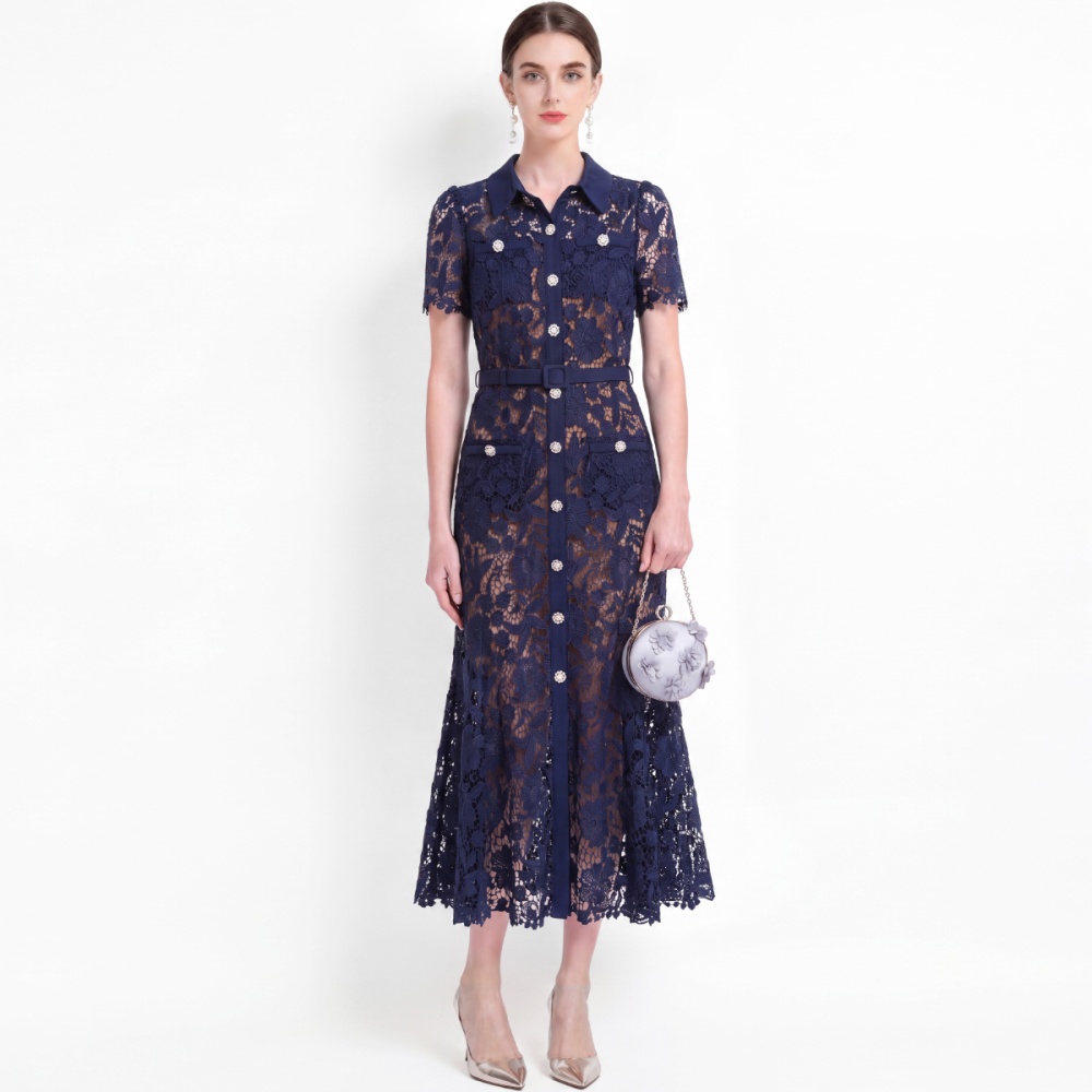 Lace pinched waist sling inside the ride short sleeve dress