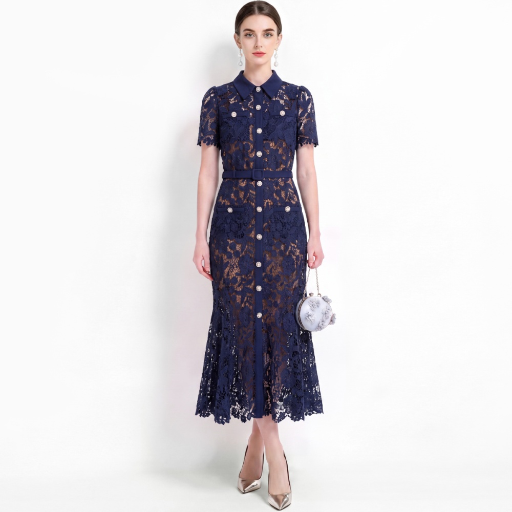 Lace pinched waist sling inside the ride short sleeve dress