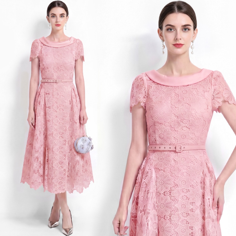 Hollow A-line elegant ladies short sleeve dress for women