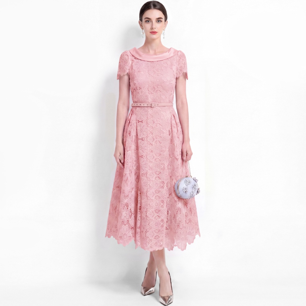 Hollow A-line elegant ladies short sleeve dress for women