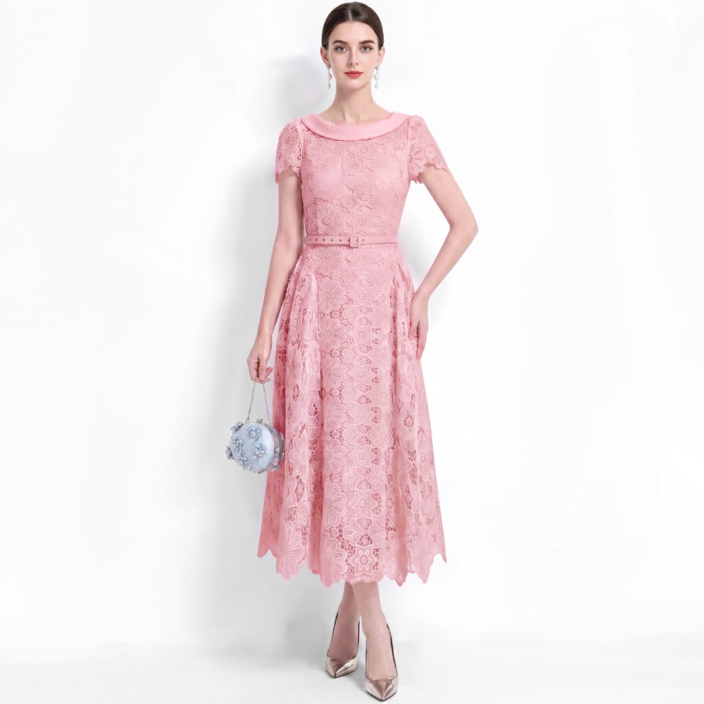 Hollow A-line elegant ladies short sleeve dress for women
