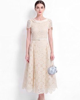 Hollow short sleeve A-line lace elegant dress for women