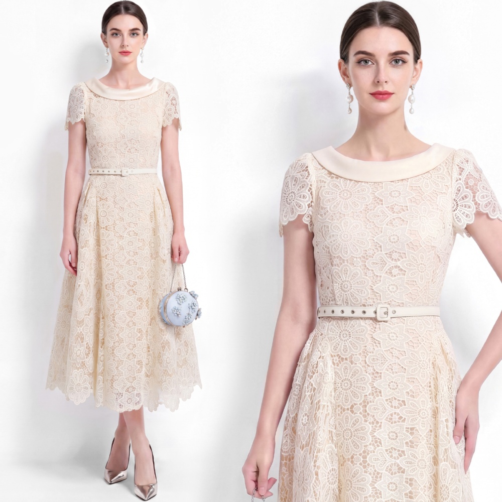 Hollow short sleeve A-line lace elegant dress for women