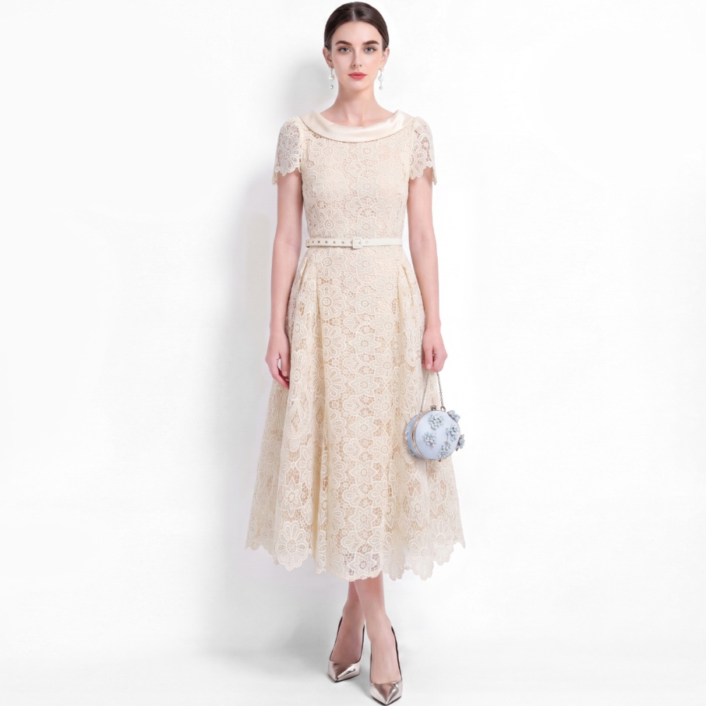 Hollow short sleeve A-line lace elegant dress for women