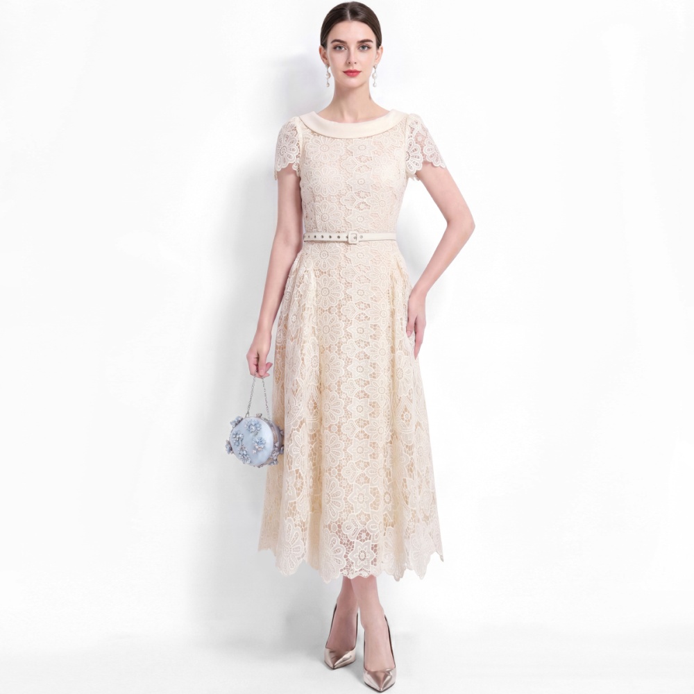 Hollow short sleeve A-line lace elegant dress for women