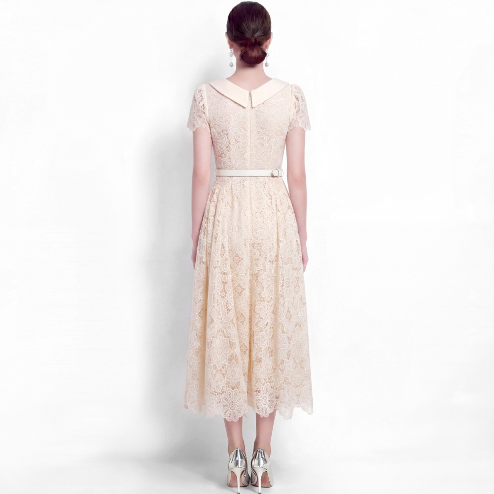 Hollow short sleeve A-line lace elegant dress for women