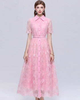 Pinched waist temperament short sleeve lapel lace dress