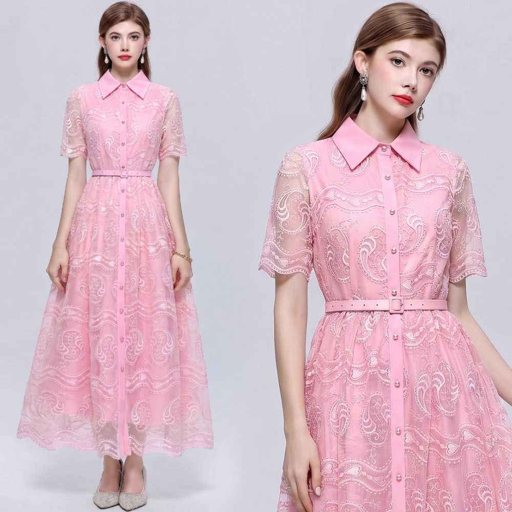Pinched waist temperament short sleeve lapel lace dress