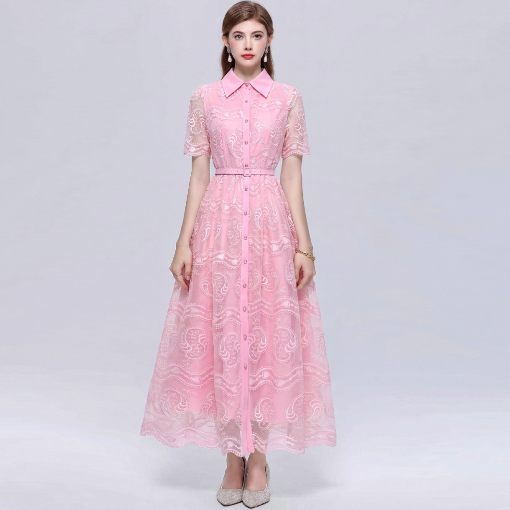 Pinched waist temperament short sleeve lapel lace dress