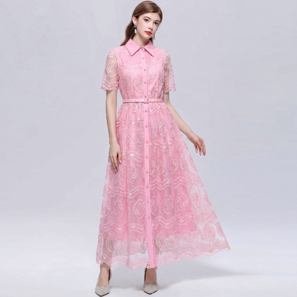 Pinched waist temperament short sleeve lapel lace dress