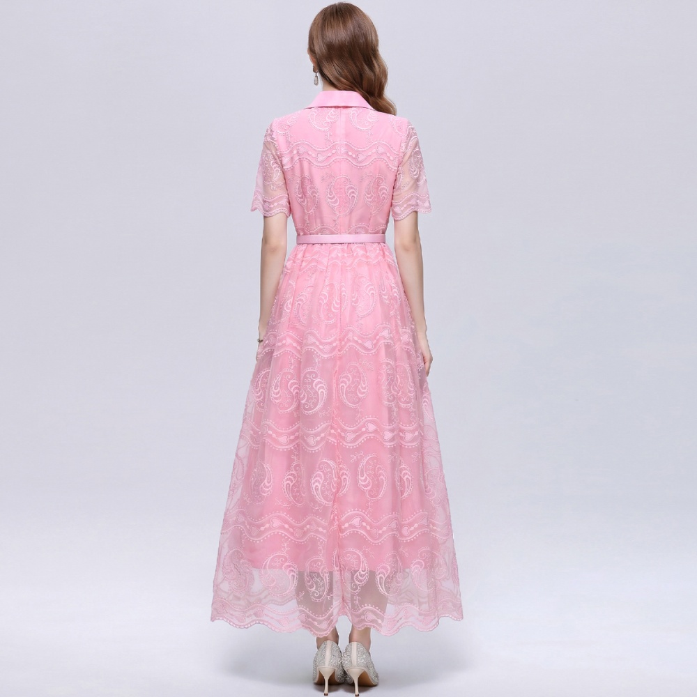 Pinched waist temperament short sleeve lapel lace dress