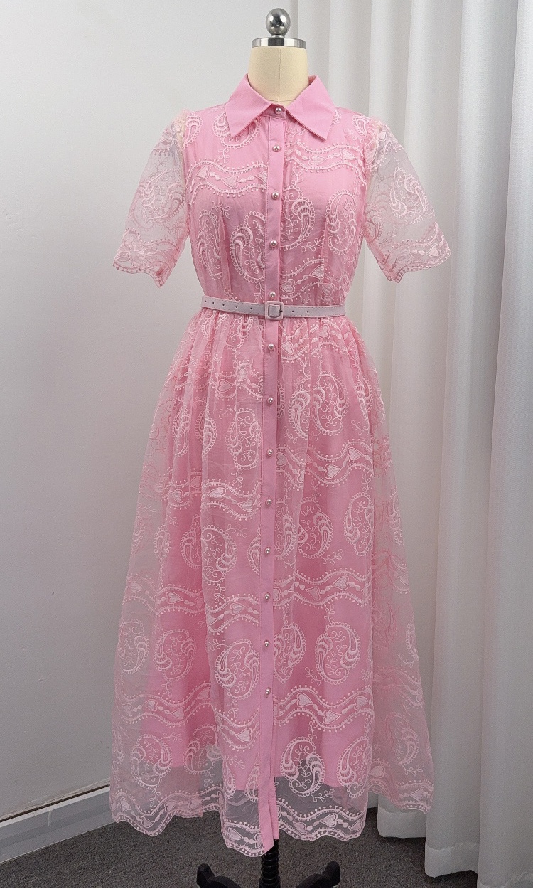 Pinched waist temperament short sleeve lapel lace dress