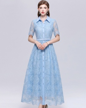 Short sleeve pinched waist temperament lapel dress