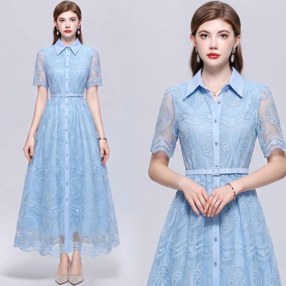 Short sleeve pinched waist temperament lapel dress
