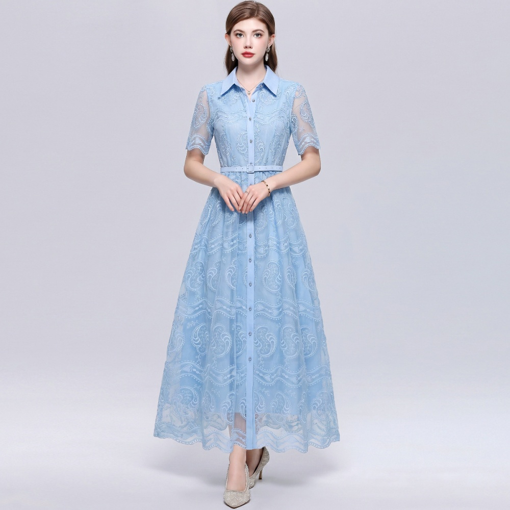 Short sleeve pinched waist temperament lapel dress