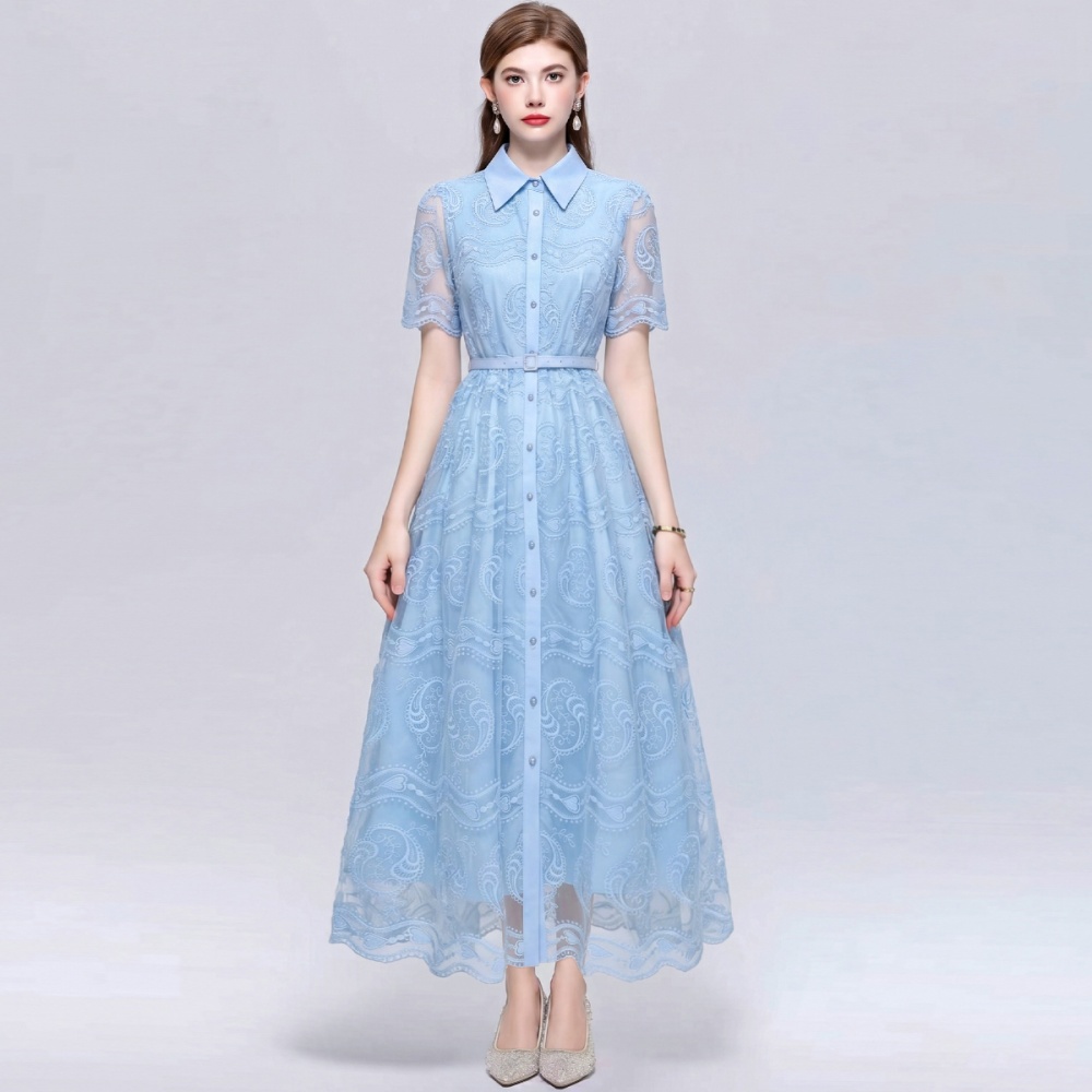 Short sleeve pinched waist temperament lapel dress