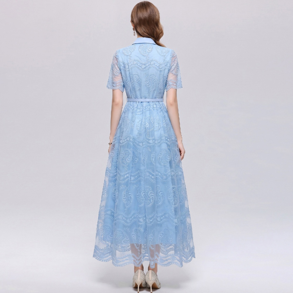 Short sleeve pinched waist temperament lapel dress