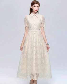 Temperament A-line with belt slim embroidery lapel dress
