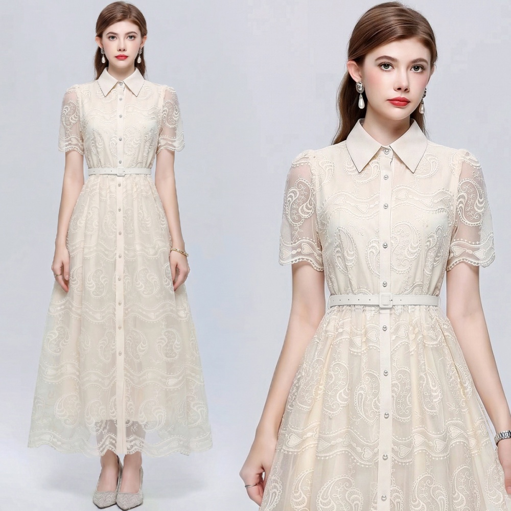 Temperament A-line with belt slim embroidery lapel dress