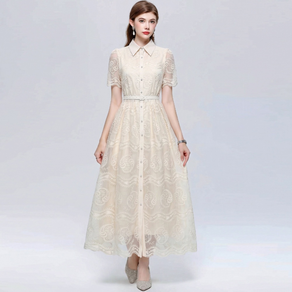 Temperament A-line with belt slim embroidery lapel dress