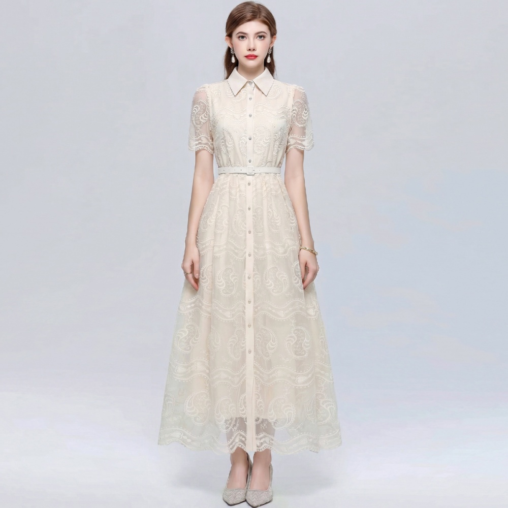 Temperament A-line with belt slim embroidery lapel dress