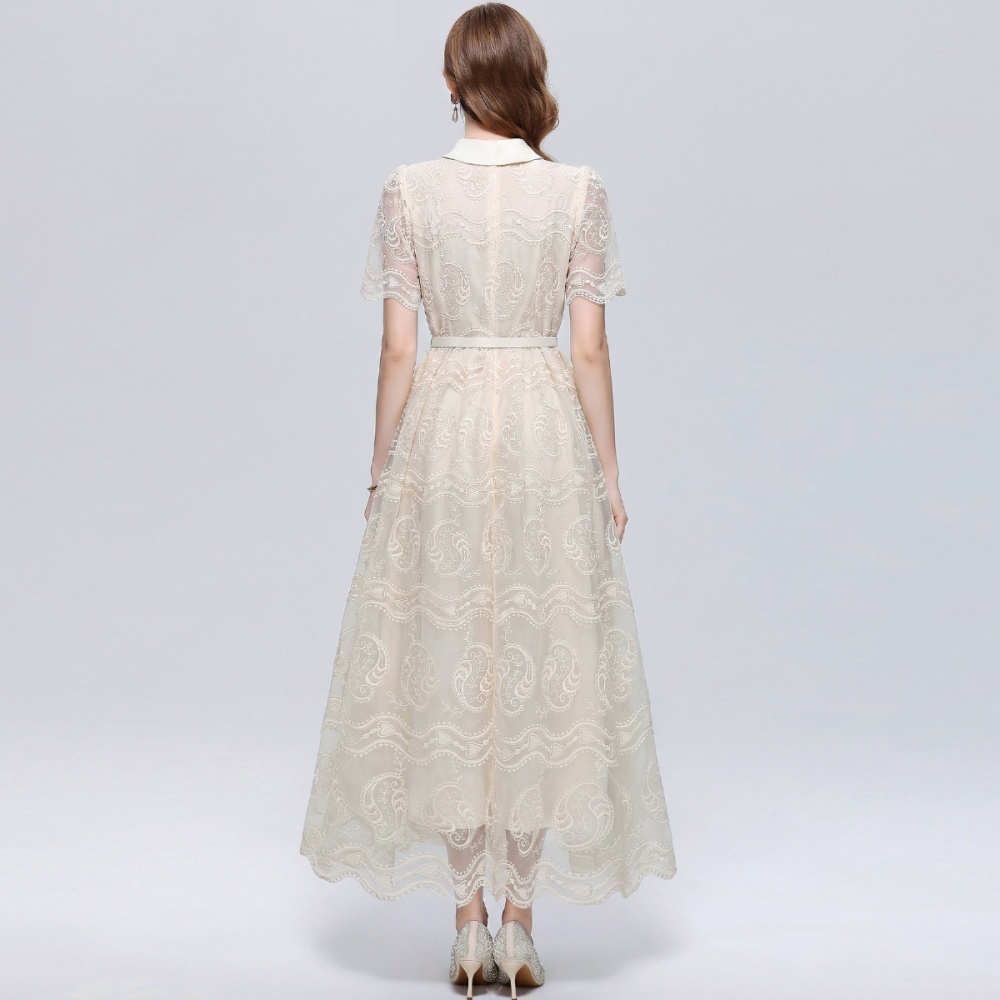 Temperament A-line with belt slim embroidery lapel dress